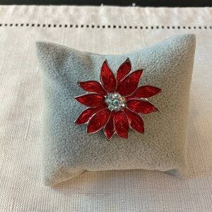 Red Enamel Poinsettia Silver Tone Brooch
